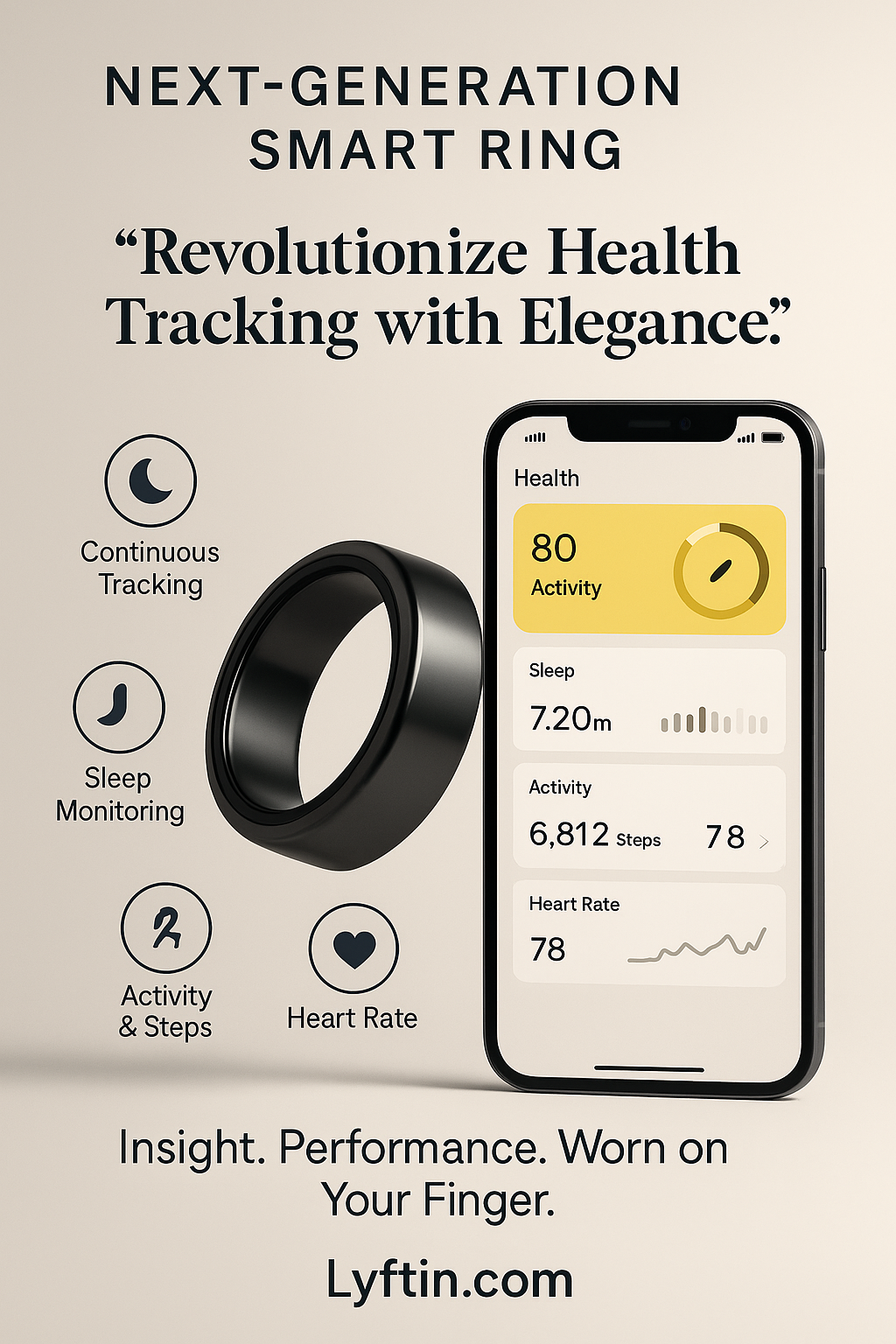 Lyftin Smart Ring Health Tracker for Men Women - IP68 Waterproof Fitness Ring with Sleep Tracker/Heart Rate/Blood Oxygen/Steps/Distance/Calories, Air Shutter, Charging Case up to 7-Day